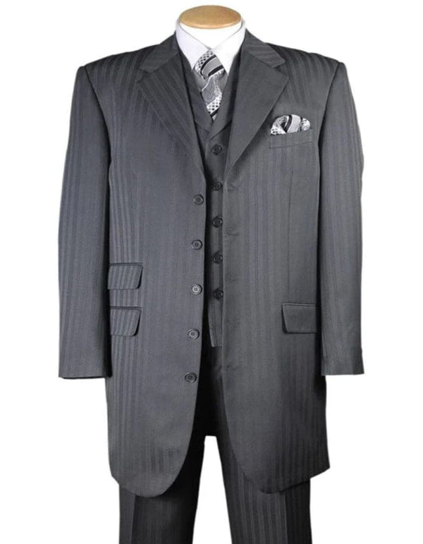 Mens Long Fashion Vested Tonal Pinstripe Zoot Grey Suit