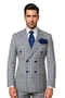 Grey wool suit with baggy pleated design, wide-leg pants. Features a classic grey plaid pattern with blue lines. Includes double-breasted blazer with blue buttons and pocket square. Made of 100% wool.