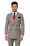 Gray wool double-breasted suit jacket. Features red plaid pattern, flap pockets, and burgundy buttons.
