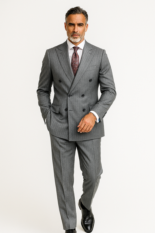 Gray Pinstripe Double Breasted Modern Fit Suits For Men Atlas