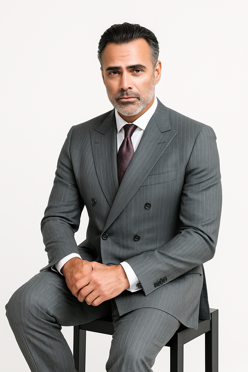 Gray Pinstripe Double Breasted Modern Fit Suits For Men Atlas