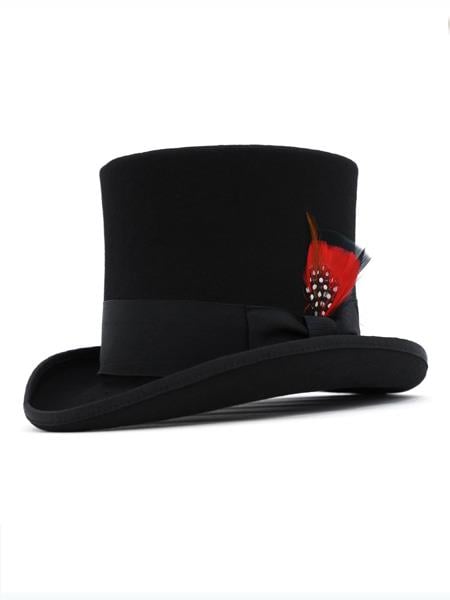 Men's black top hat crafted from 100% wool felt. It boasts a tall, cylindrical crown, wide curved brim, and a fabric band adorned with a feather and beads.