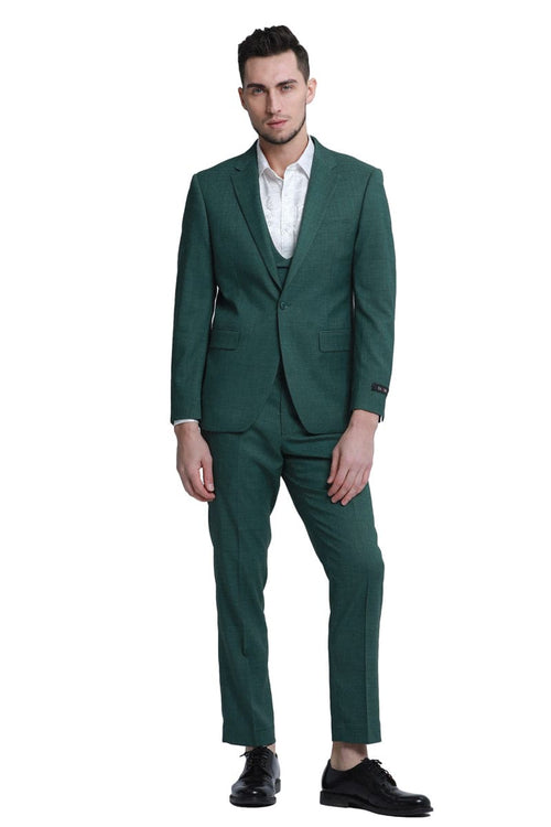 "Sharkskin Wedding Suit: Men's Slim Fit Double Breasted Vest in Hunter Green"