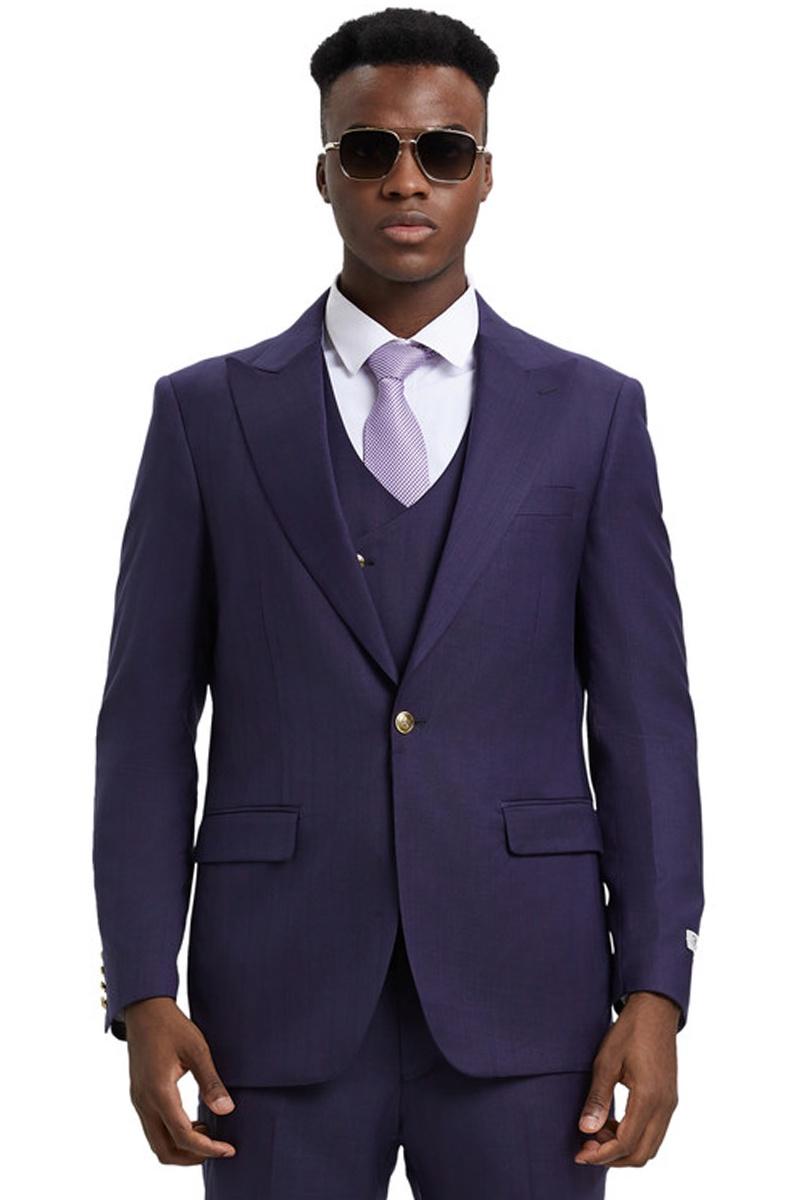 Men's Stacy Adams one-button suit in eggplant purple with subtle pinstripes. Features side peak lapels, a tailored fit, matching vest, and two front pockets. Single-button jacket closure.
