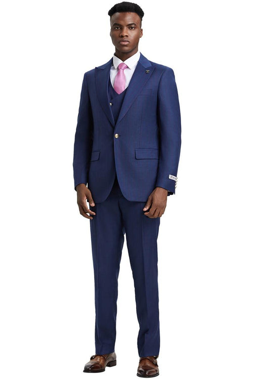 Navy pinstripe Stacy Adams suit. Single-breasted jacket with peak lapel, gold button, and vest. Tailored fit, includes trousers, white shirt, and pink tie. Classic style.
