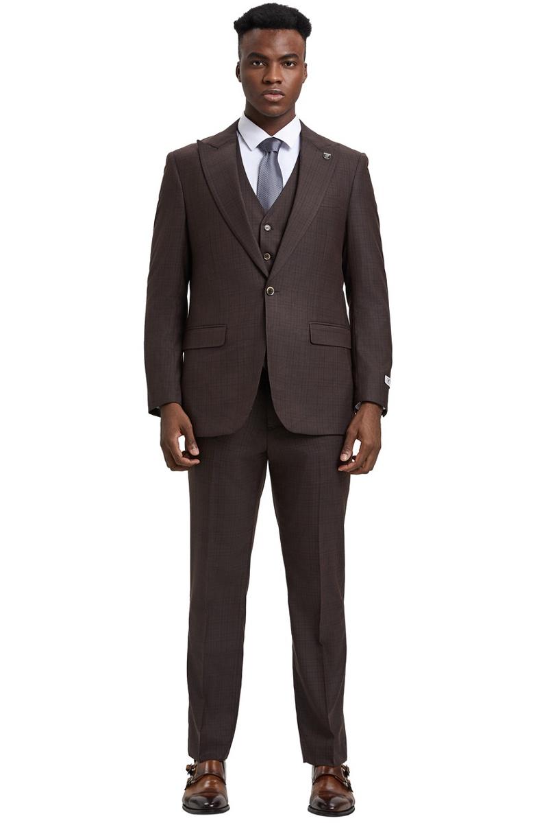 Stacy Adams men's one-button suit. Brown windowpane plaid, wide peak lapel. Includes matching button-down vest and tailored trousers. Smooth, structured fabric.
