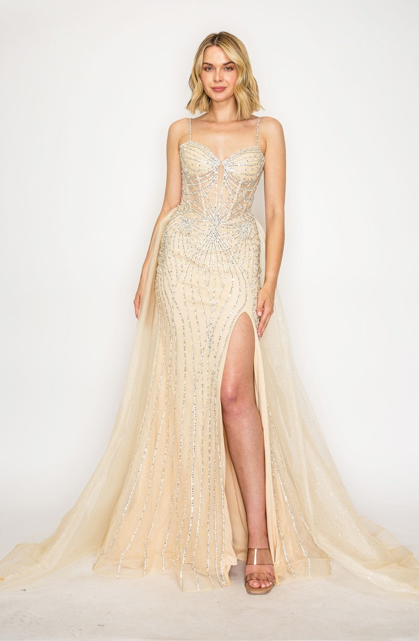 High Couture HC1002 Long Formal Beaded Overskirt Prom Dress