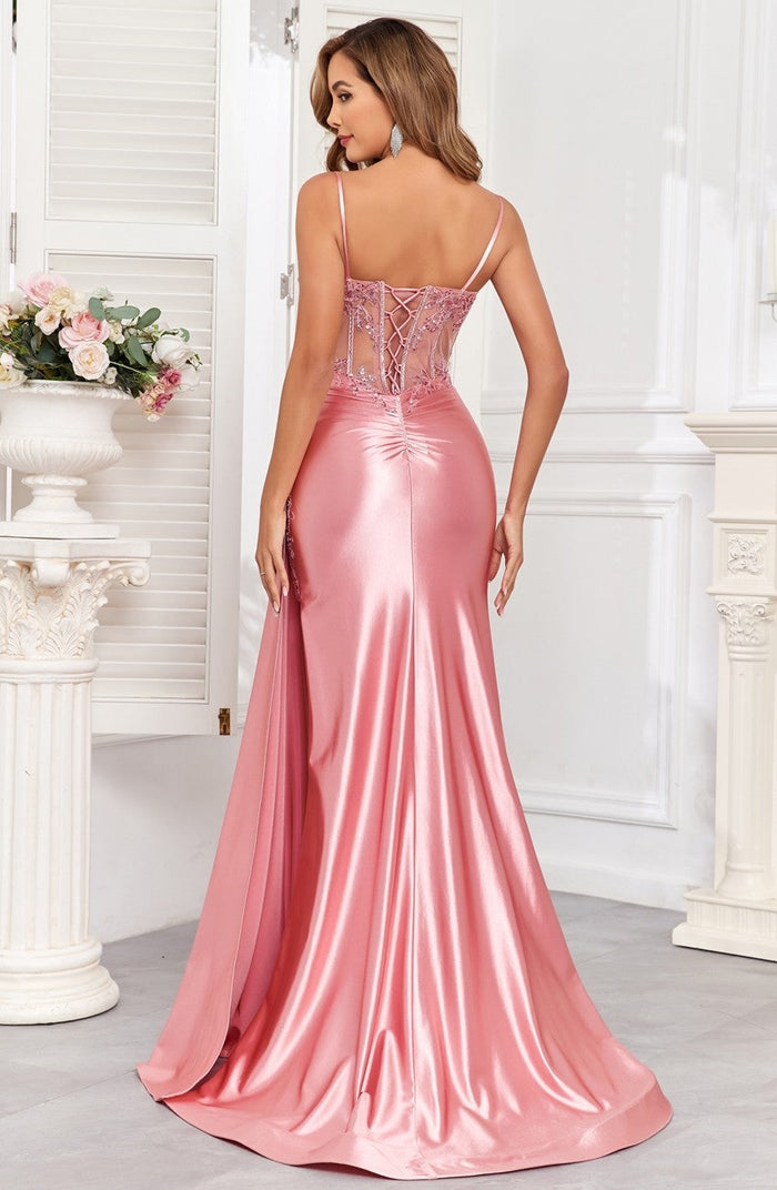 High Couture HC1004 Pleated Long Formal Applique Corset Prom Dress