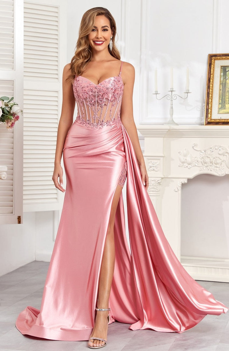 High Couture HC1004 Pleated Long Formal Applique Corset Prom Dress