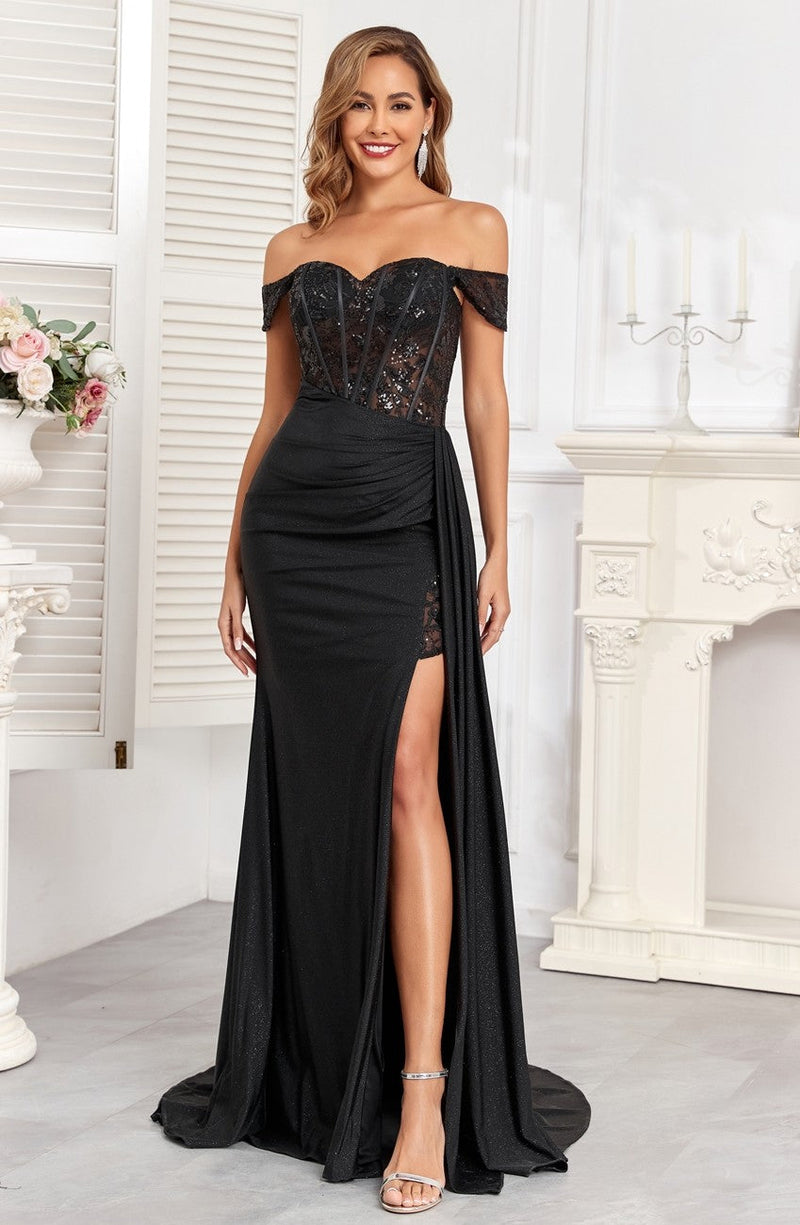 High Couture HC1005 Glitter Long Corset Fitted Formal Prom Dress
