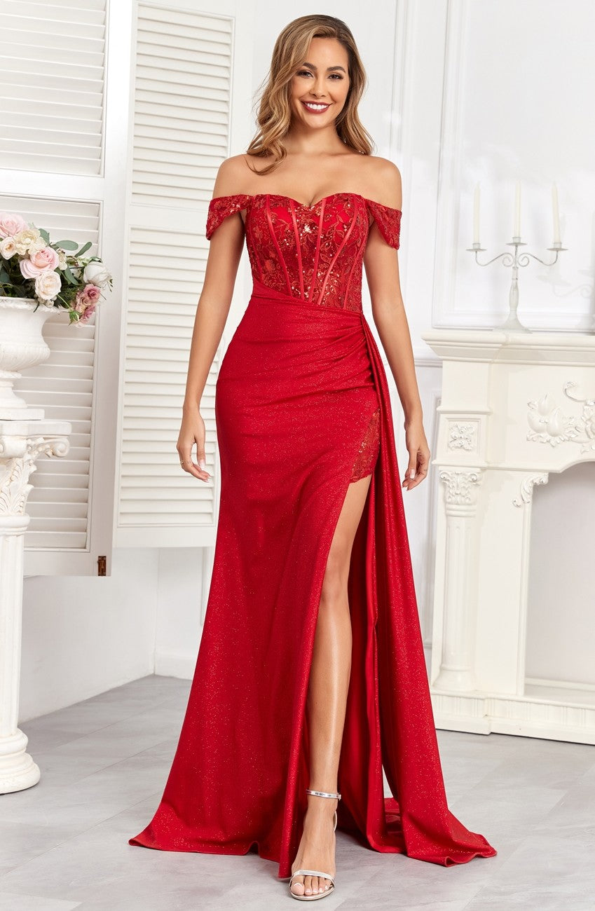 High Couture HC1005 Glitter Long Corset Fitted Formal Prom Dress