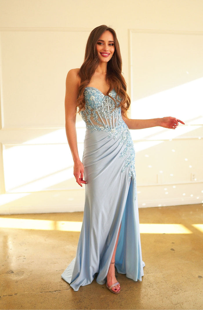 High Couture HC1017 Fitted Long Formal Lace Applique Corset Prom Dress