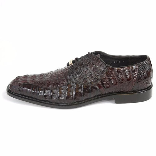 Exotic Belvedere Chapo Oxfords: Dark, glossy crocodile leather with hornback patterns. Sleek, elongated shape with a pointed toe and lace-up design. Features a low-profile, smooth black sole.
