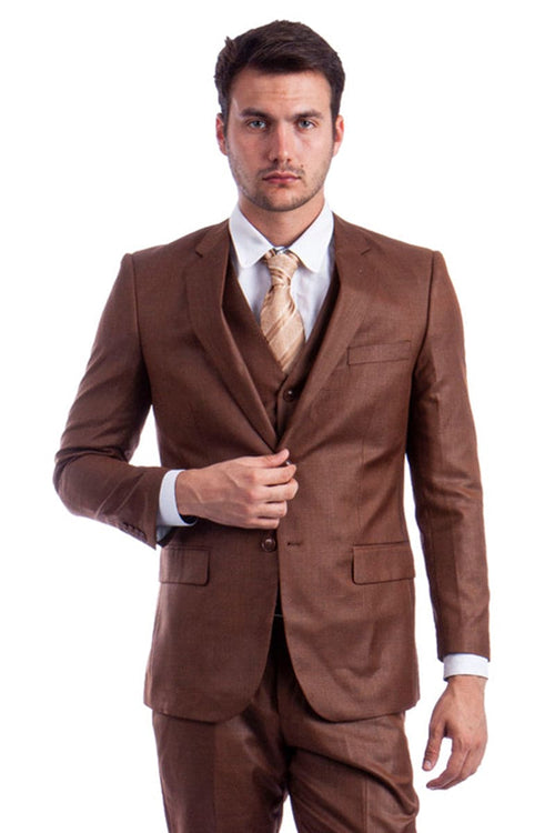 "Cognac Sharkskin Men's Wedding & Business Suit - Two Button Hybrid Fit Vested"