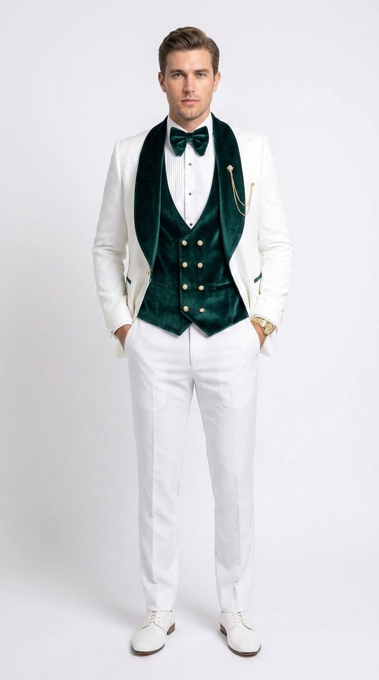 Men’s White and Dark Green 3-Piece Tuxedo – Groom Wedding and Prom Suit with Velvet Shawl Lapel