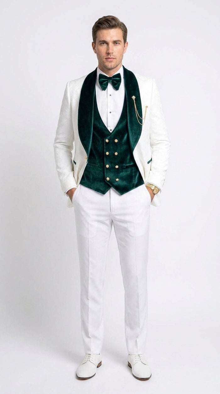 Men’s White and Dark Green 3-Piece Tuxedo – Groom Wedding and Prom Suit with Velvet Shawl Lapel