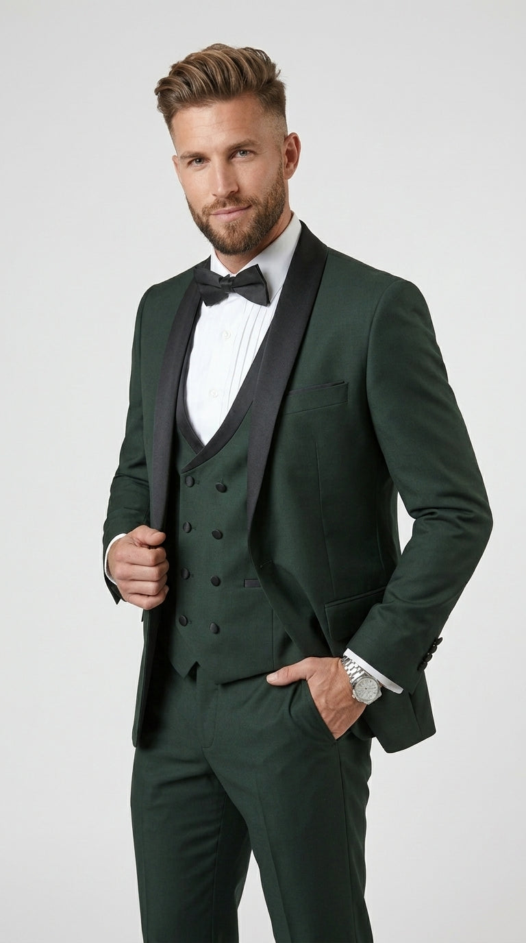 Men’s Hunter Green Vested Tuxedo Suit with Black Trim Shawl Lapel, Wedding Prom Formal Suit Set