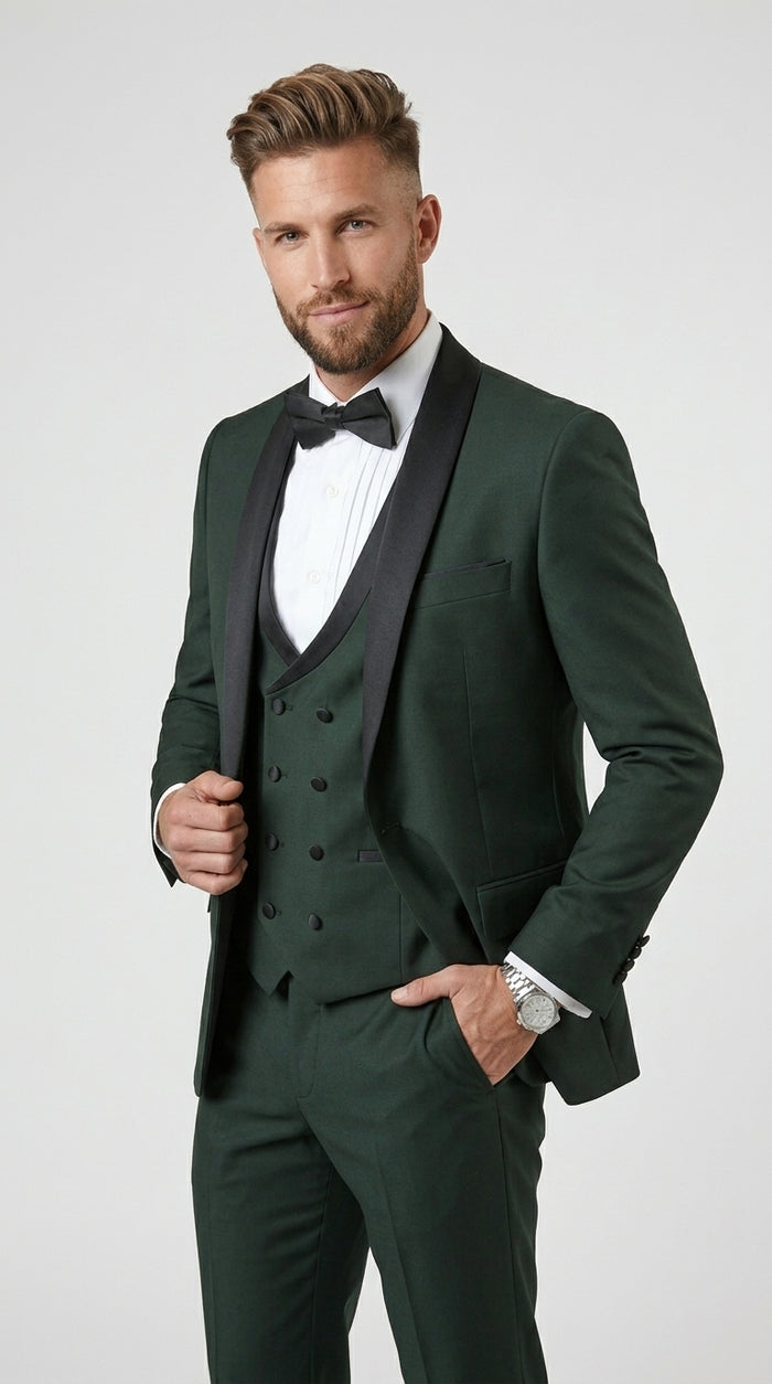 Men’s Hunter Green Vested Tuxedo Suit with Black Trim Shawl Lapel, Wedding Prom Formal Suit Set
