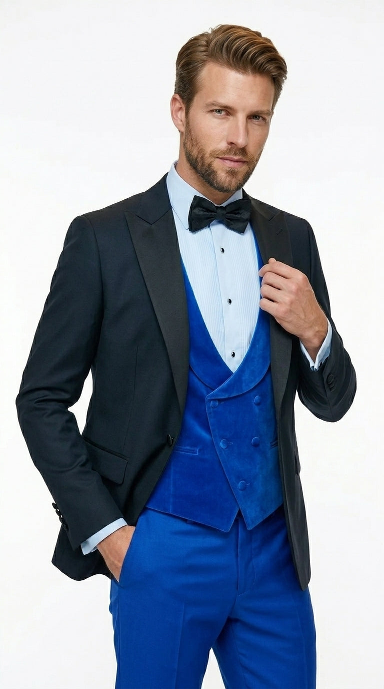 Men’s Black and Royal Blue 100% Wool Vested Tuxedo Suit with Peak Lapel, Wedding Prom Formal Suit Set