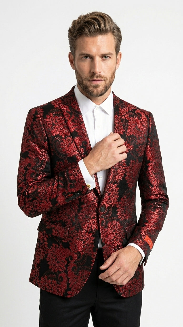 Men’s Red and Black Retro Paris Floral Suit, Designer Formal Wedding Prom Party Blazer Set