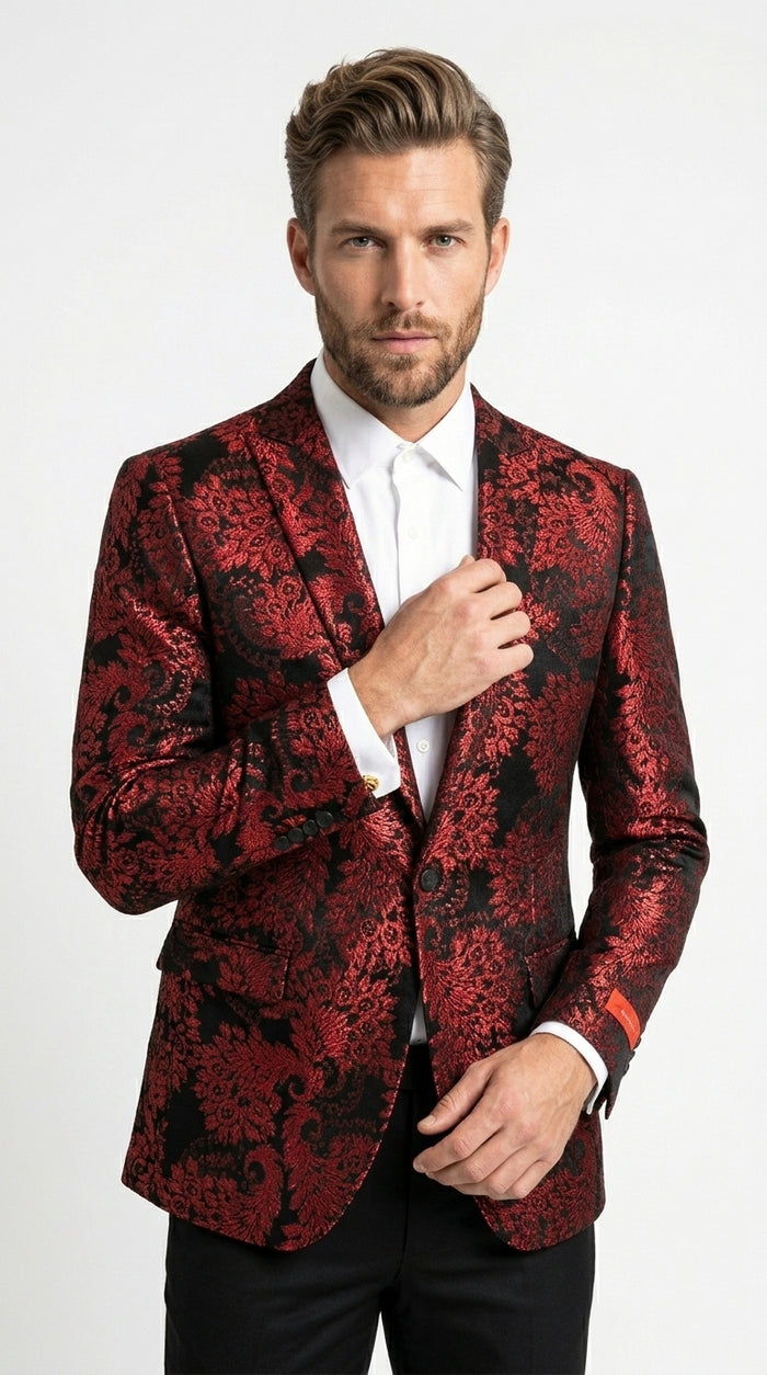 Men’s Red and Black Retro Paris Floral Suit, Designer Formal Wedding Prom Party Blazer Set