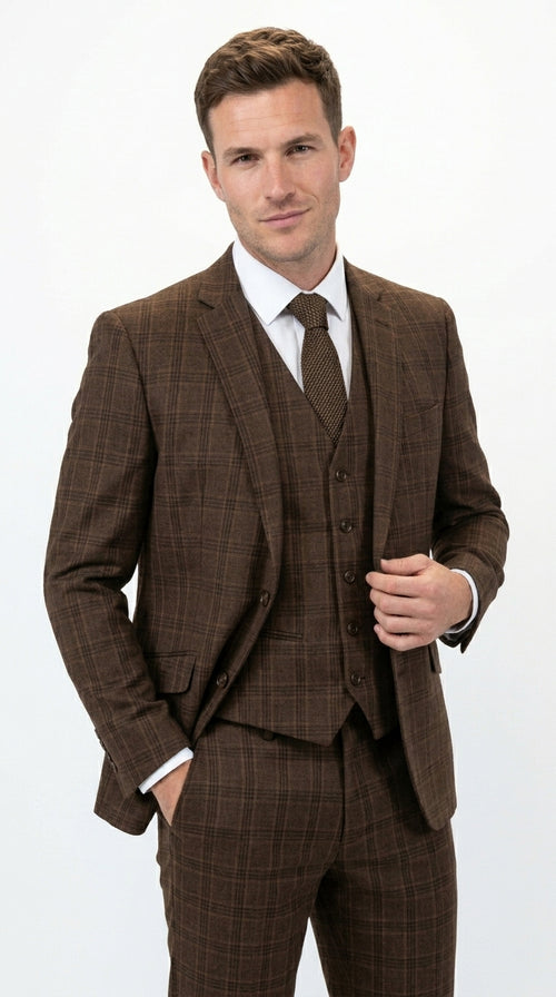 Men’s Brown Windowpane Plaid 3 Piece Suit, Classic Formal Wedding Business Dress Suit Set
