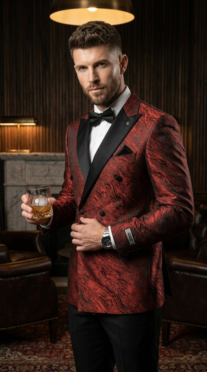 Stacy Adams Men’s High Fashion Pattern Sport Coat, Hybrid Fit Formal Blazer in Red, Silver, Bronze and Purple