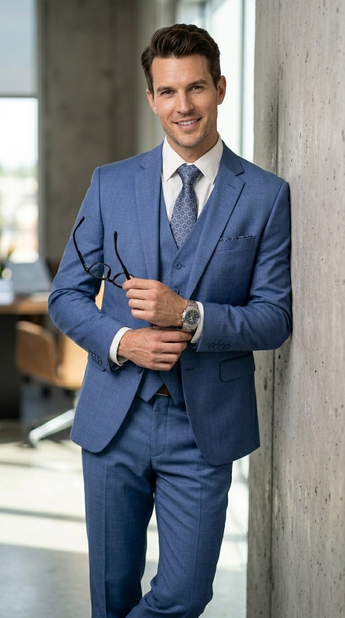 Men’s Steel Blue 3 Piece Prom Suit, Dusty Blue Vested Wedding Formal Suit Set