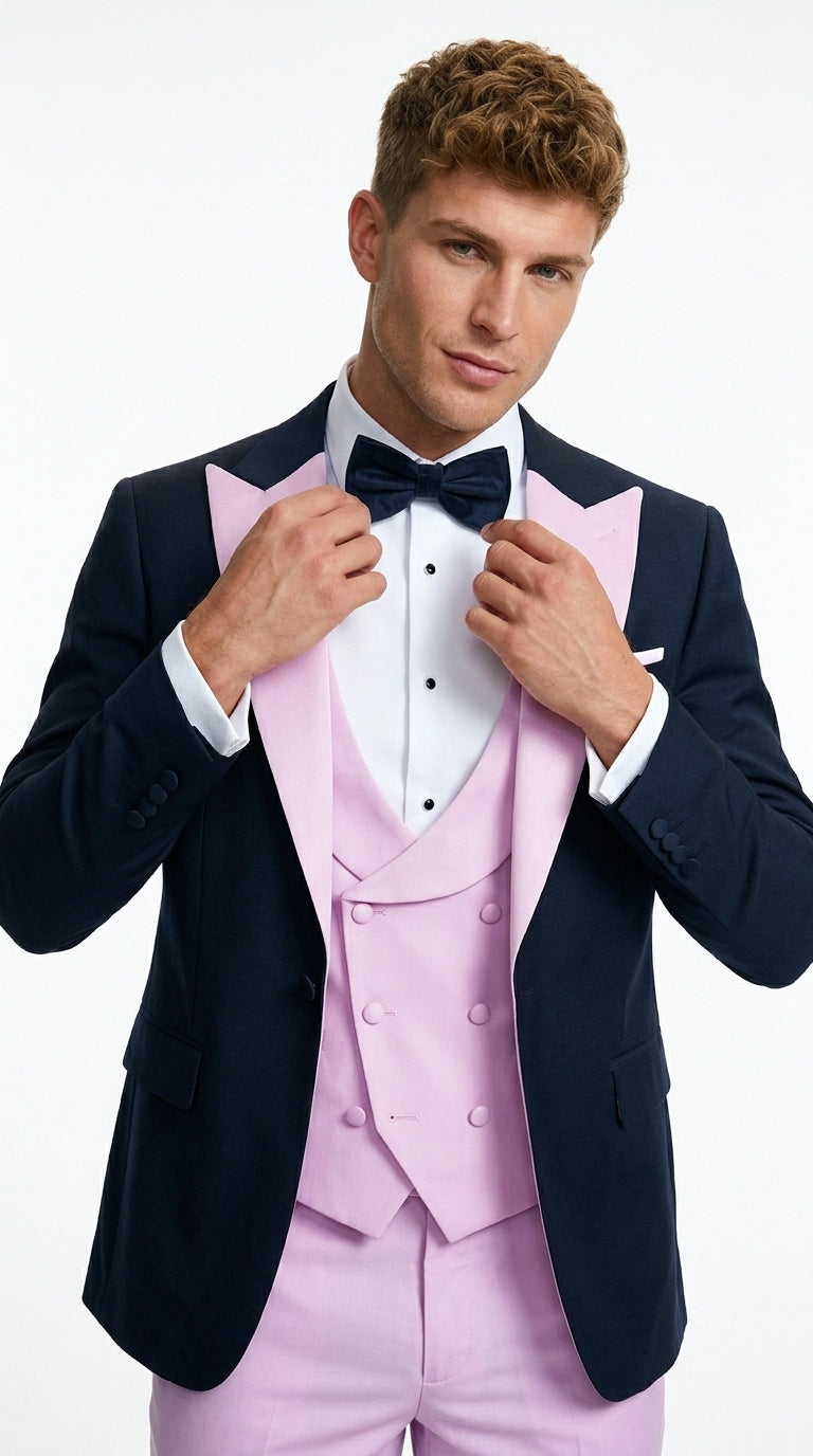 Men’s Black and Pink 100% Wool Vested Tuxedo, Peak Lapel Wedding Prom Formal Suit Set