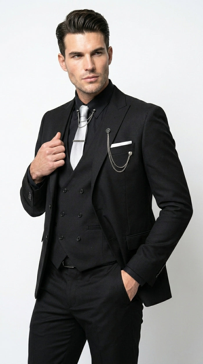 Men’s Black 3 Piece Suit with Double Breasted Vest, Formal Wedding Prom Business Dress Suit Set