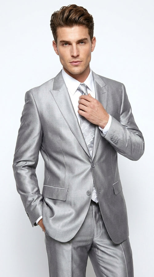 Men’s Silver Shiny Sharkskin 2 Button Suit, Peak Lapel Formal Wedding Prom Dress Suit Set
