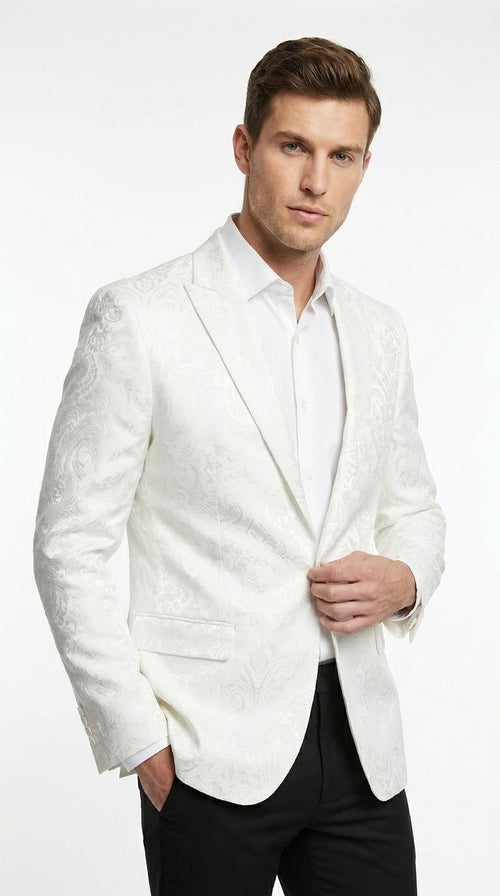 Men’s White Floral Satin Dinner Jacket – Shiny Paisley Tuxedo Blazer for Wedding, Prom, Stage & Party Wear