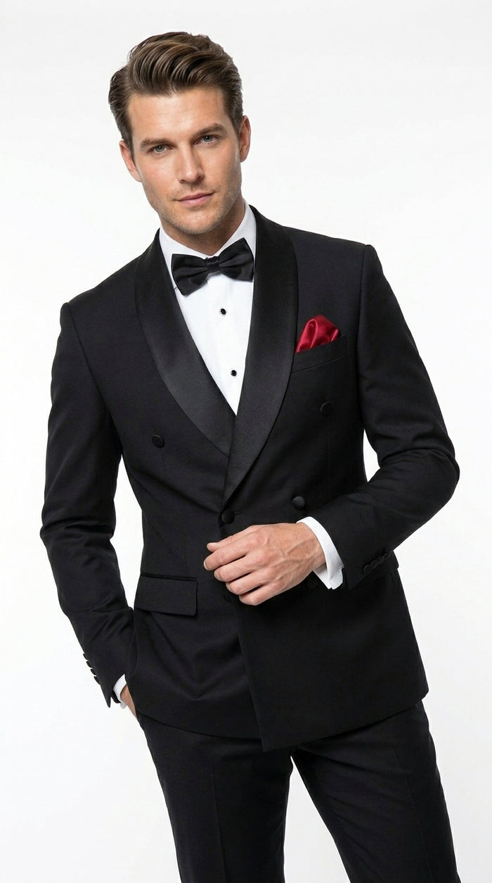 Men’s Black Six Button Double Breasted Tuxedo, 2 Piece Formal Wedding Suit
