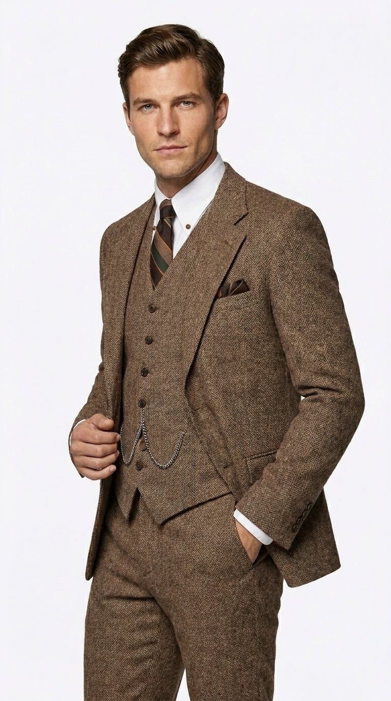 Men’s Great Gatsby Costume Package, Brown 1920s Suit with Vest, Pants, Shirt and Tie