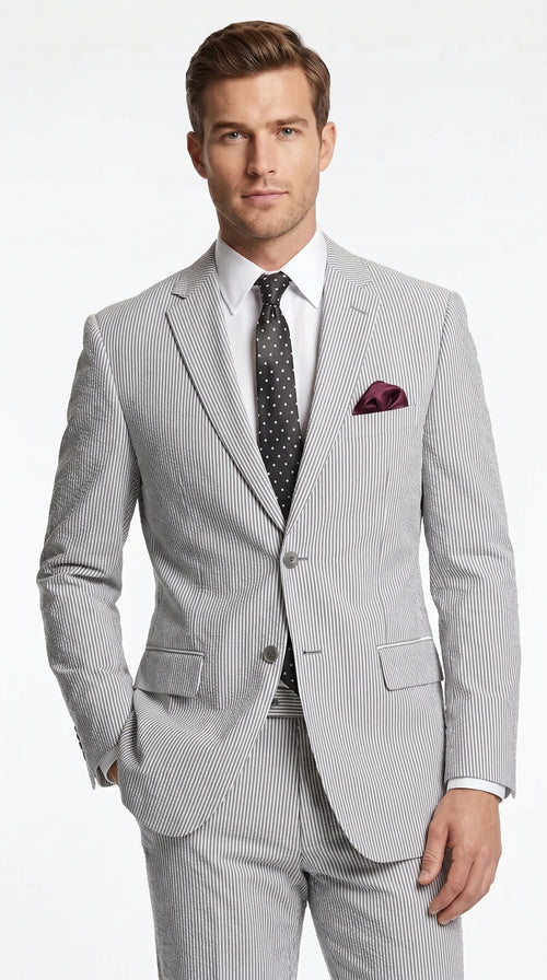 Men’s Black Pinstripe 2 Piece Seersucker Suit, Summer Modern Fit Dress Suit