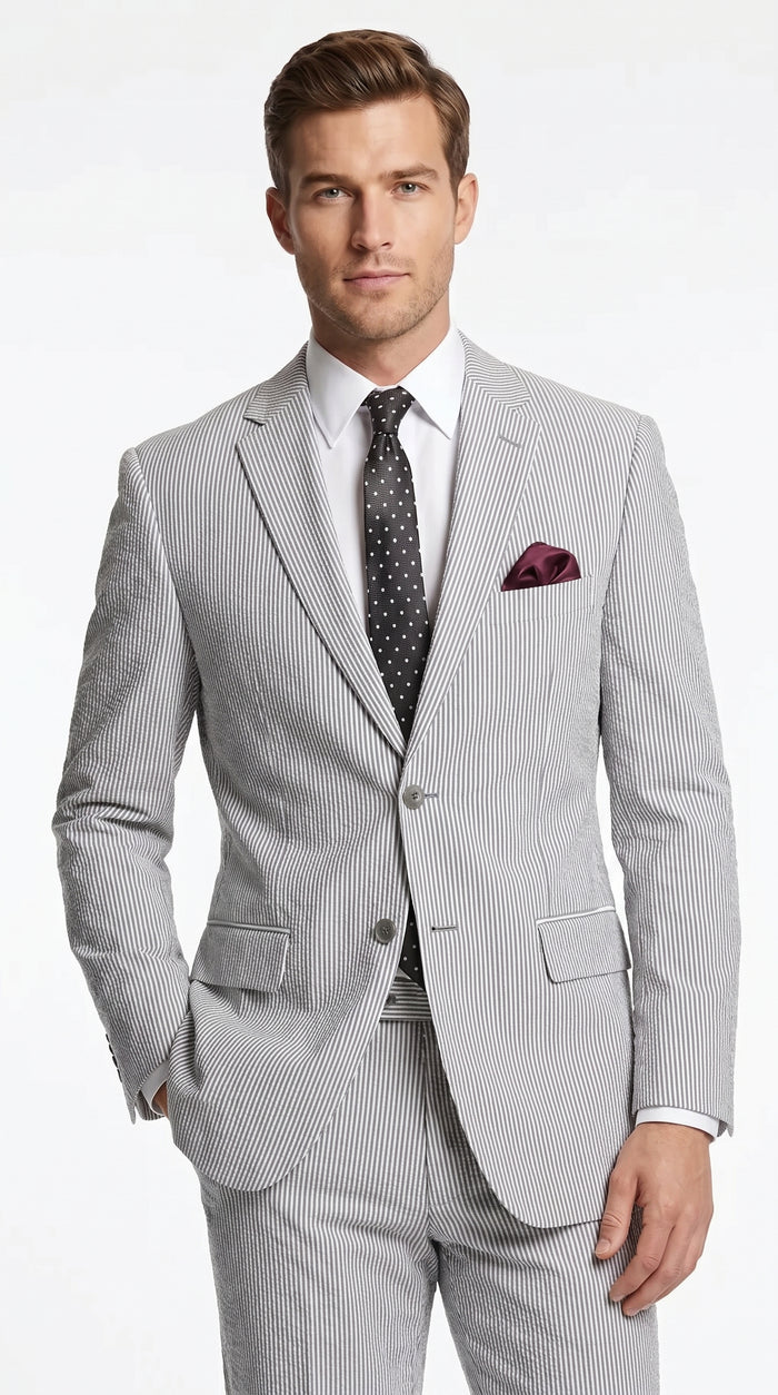 Men’s Black Pinstripe 2 Piece Seersucker Suit, Summer Modern Fit Dress Suit