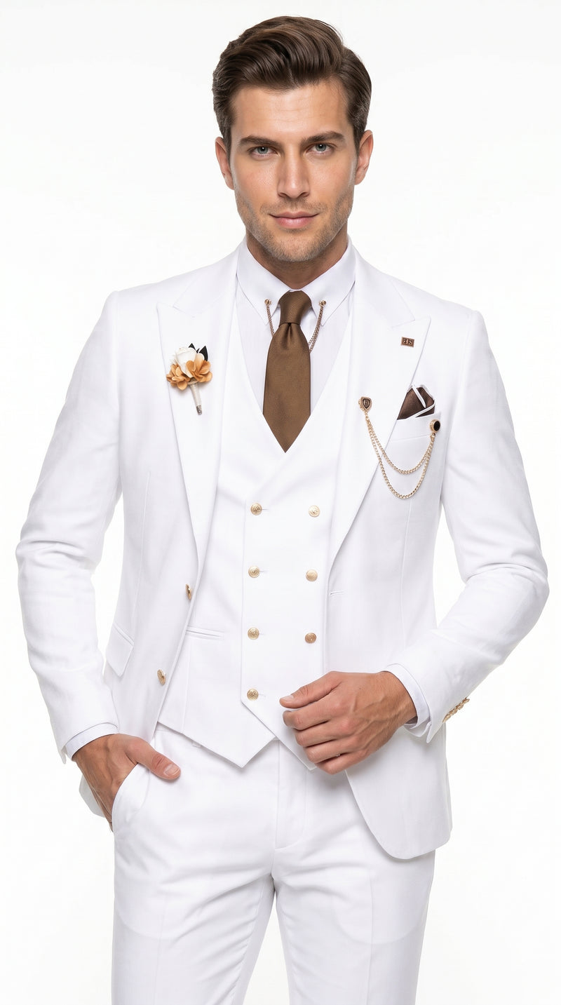 Men’s White and Gold Prom Tuxedo Suit with Double Breasted Vest, Formal Wedding Suit