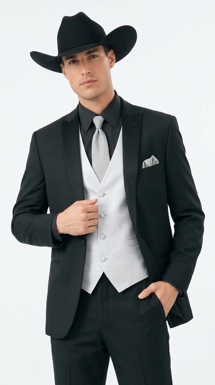 Men’s Black Country Wedding Tuxedo with White Vest, Western Formal Groom Suit