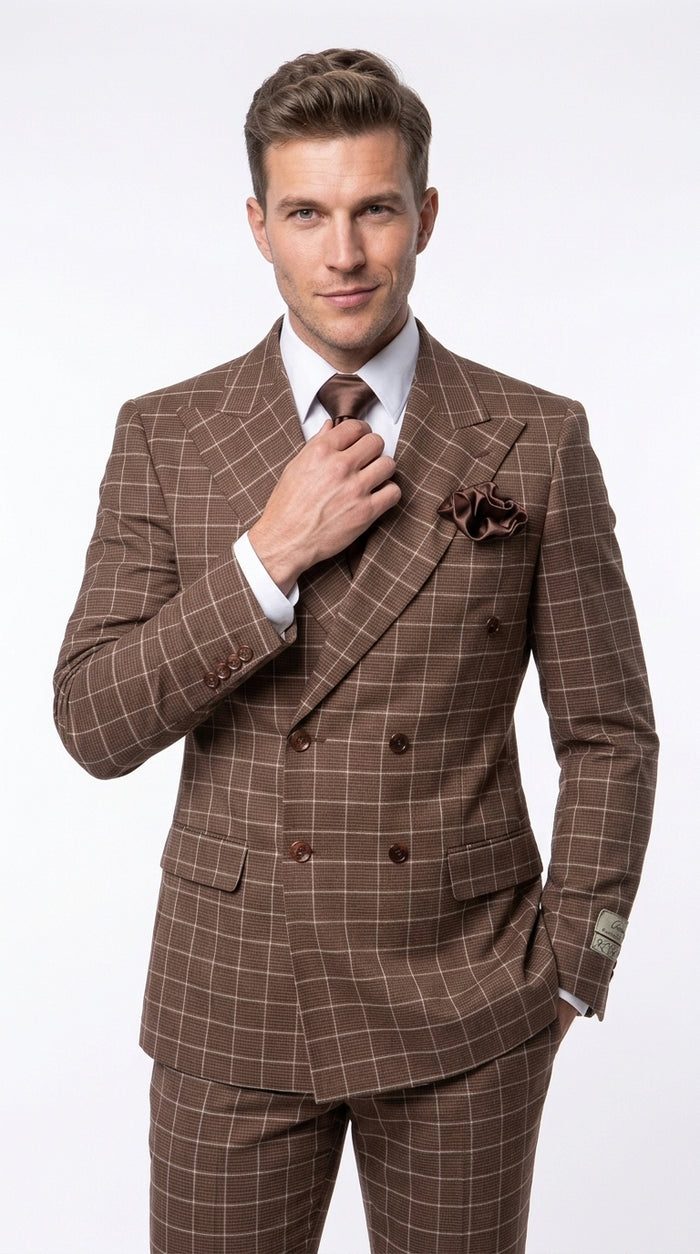 Rossi Man Arthur RM2317 Men’s Brown Windowpane Double Breasted Suit, Formal Dress Suit