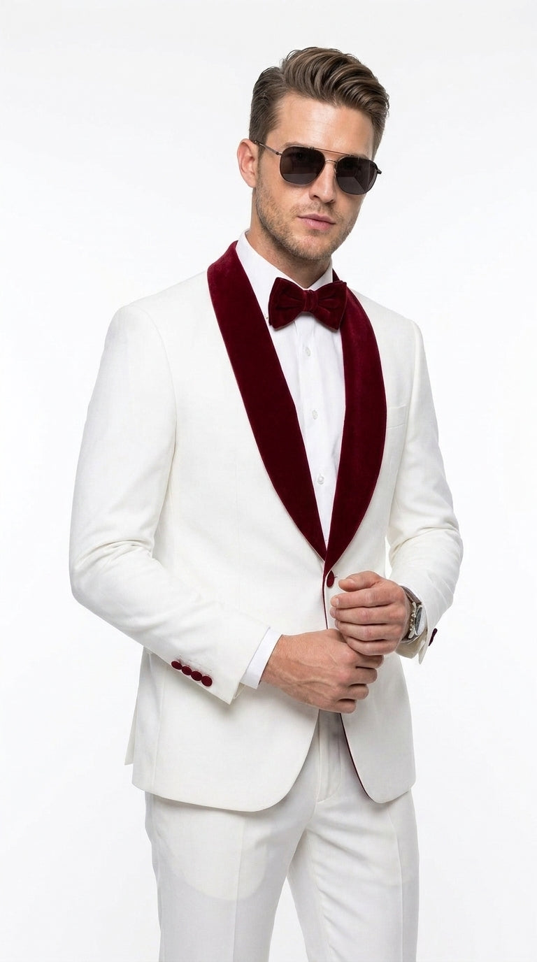 Men’s White and Burgundy Wedding Tuxedo, Formal Groom Prom Shawl Lapel Tuxedo Suit
