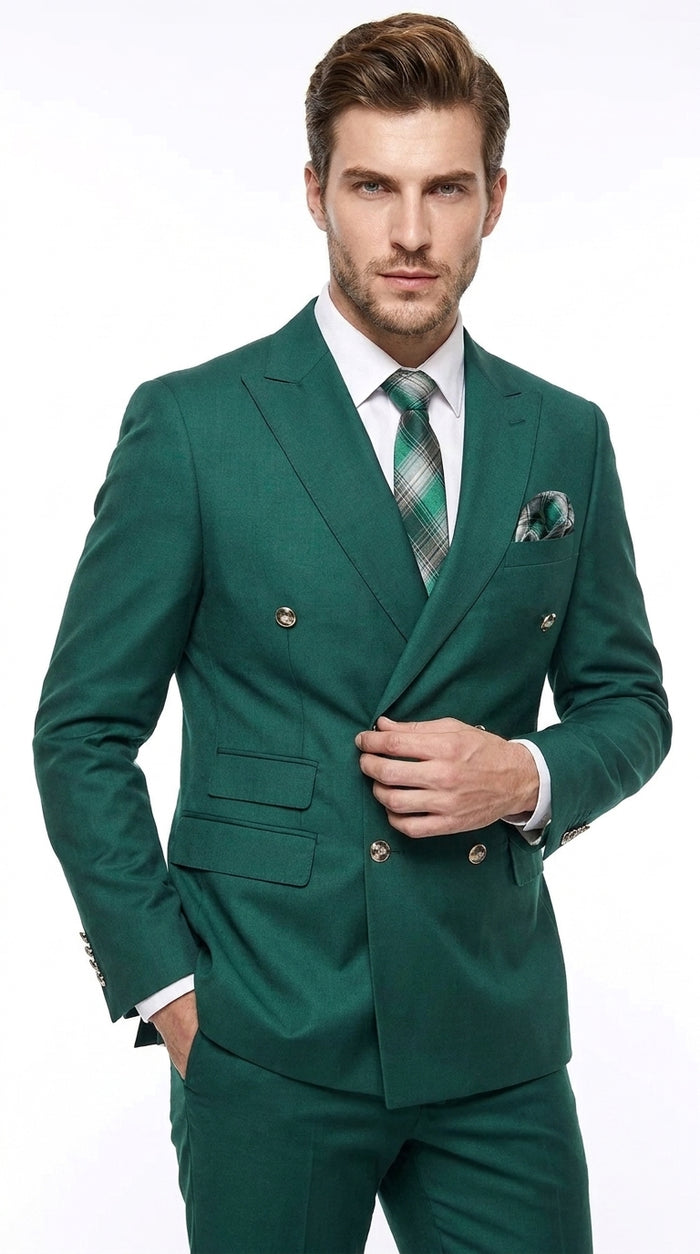 Men’s Hunter Green Double Breasted Wool Suit with Gold Buttons, Modern Fit Formal Wedding Suit