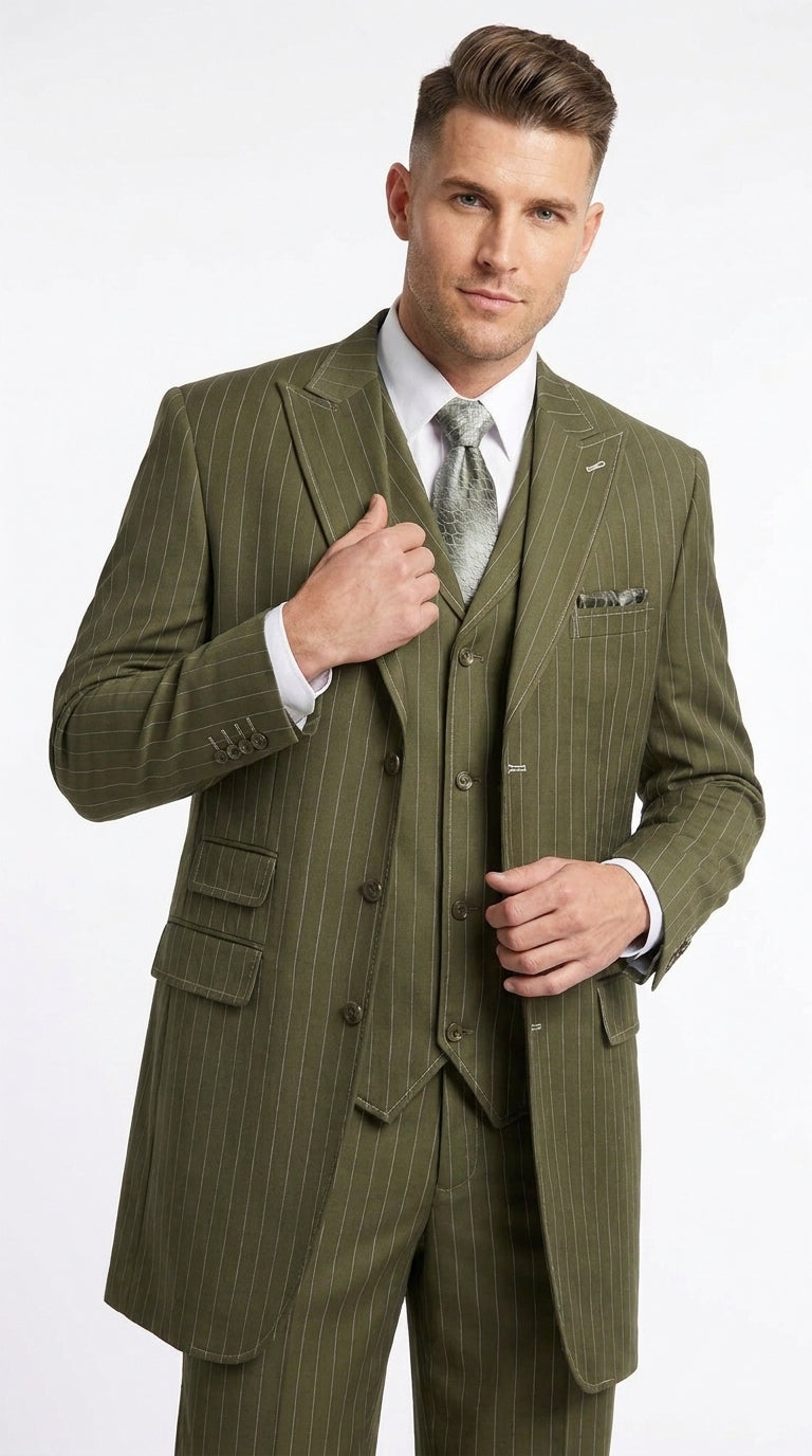 Men’s Big and Tall Olive Pinstripe 3 Piece Suit, Plus Size Long Jacket Formal Wedding Business Suit