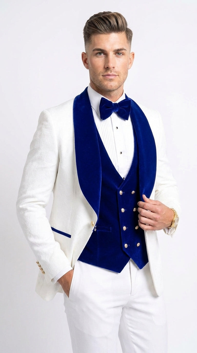 Men’s White and Royal Blue 3-Piece Tuxedo – Groom Wedding and Prom Suit with Velvet Shawl Lapel