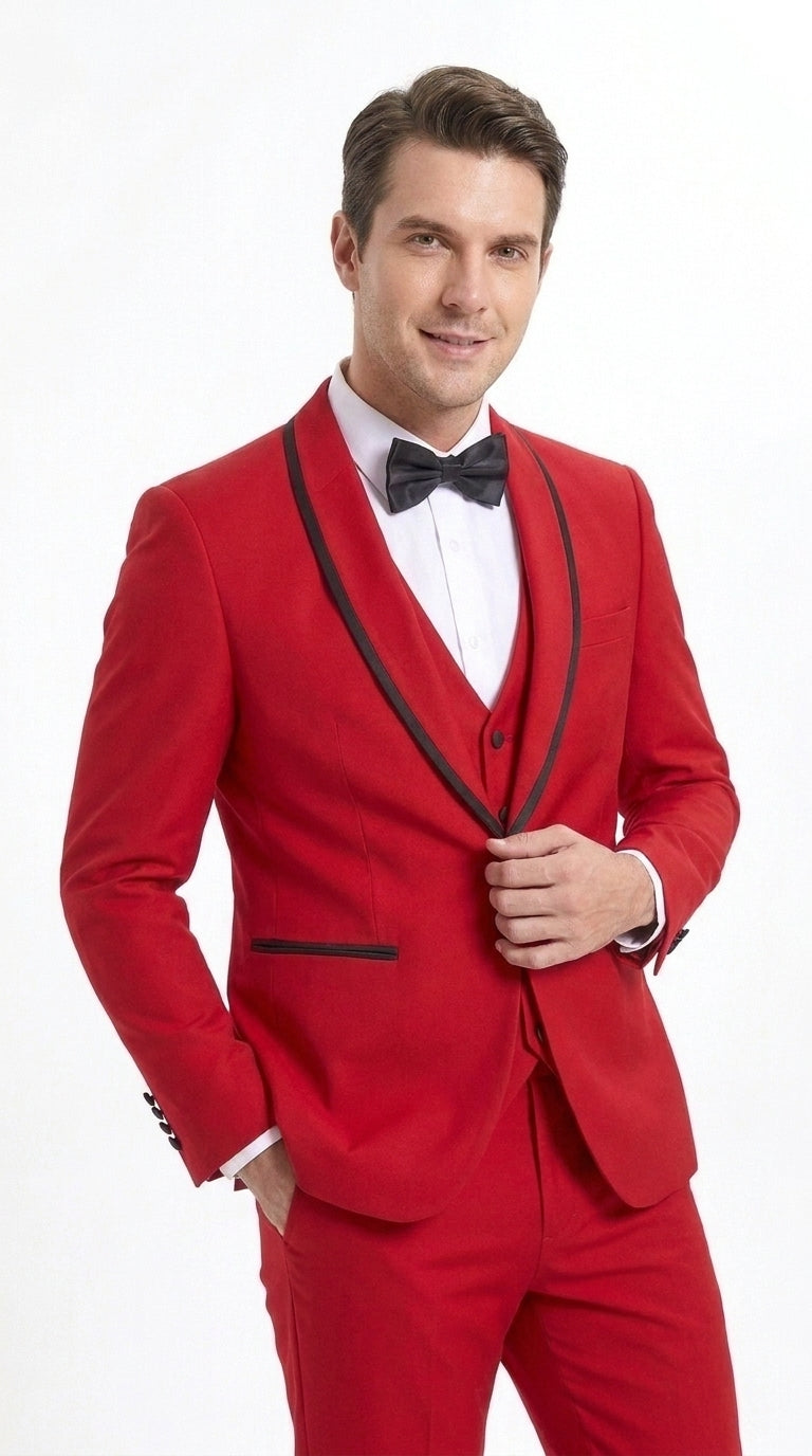 Men’s Trim Lapel Prom Tuxedo– 3 Piece Wedding Suit in Purple, Black, Red, Ivory, or Navy