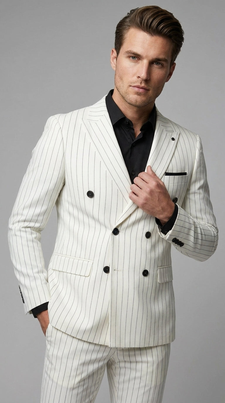 Men’s White Pinstripe Double Breasted Suit – Vintage 1920s 1940s Gangster Dress Suit