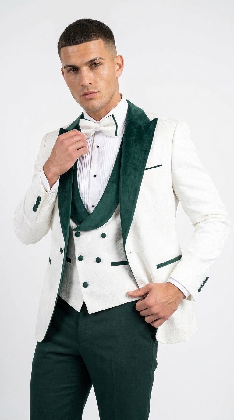 Men’s White and Hunter Green 3-Piece Wedding Tuxedo – White Dinner Jacket with Hunter Green Shawl Lapel