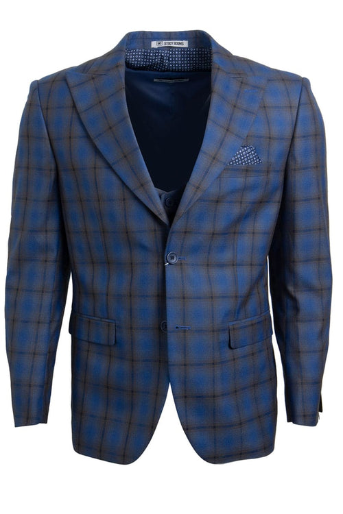 "Mens Stacy Adams Suit - Stacy Adams Suit Men's Bold Windowpane Plaid Two-Button Vested Suit - Blue/Brown"