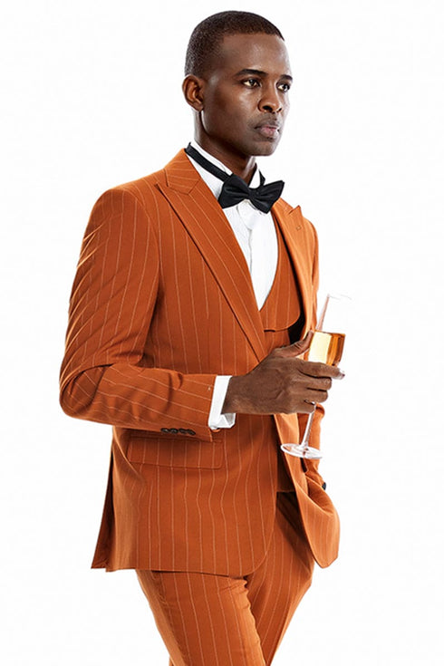 "Orange Rust Men's Pinstripe Suit - One Button Vested Wide Peak Lapel"