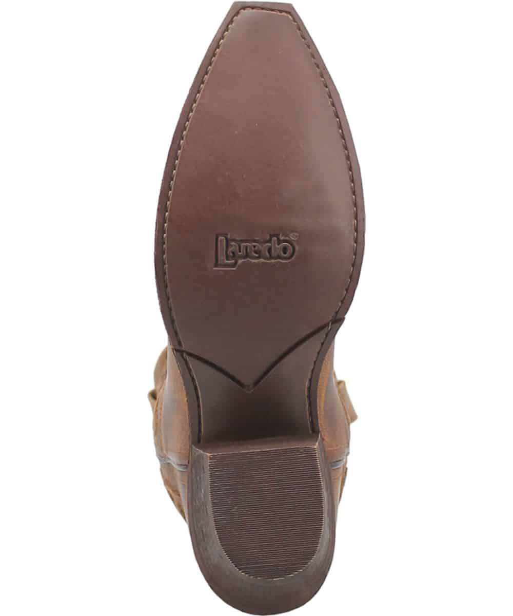 Laredo Women's Reva Boot: Pointed toe, high heel. Brown, distressed finish with stitching. Smooth brown sole with textured pattern.
