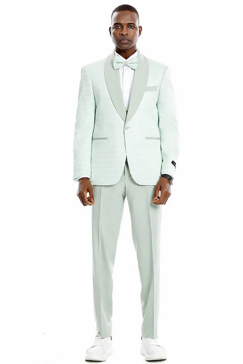 Men's One Button Vested Honeycomb Lace Design Wedding & Prom Tuxedo in Mint Green